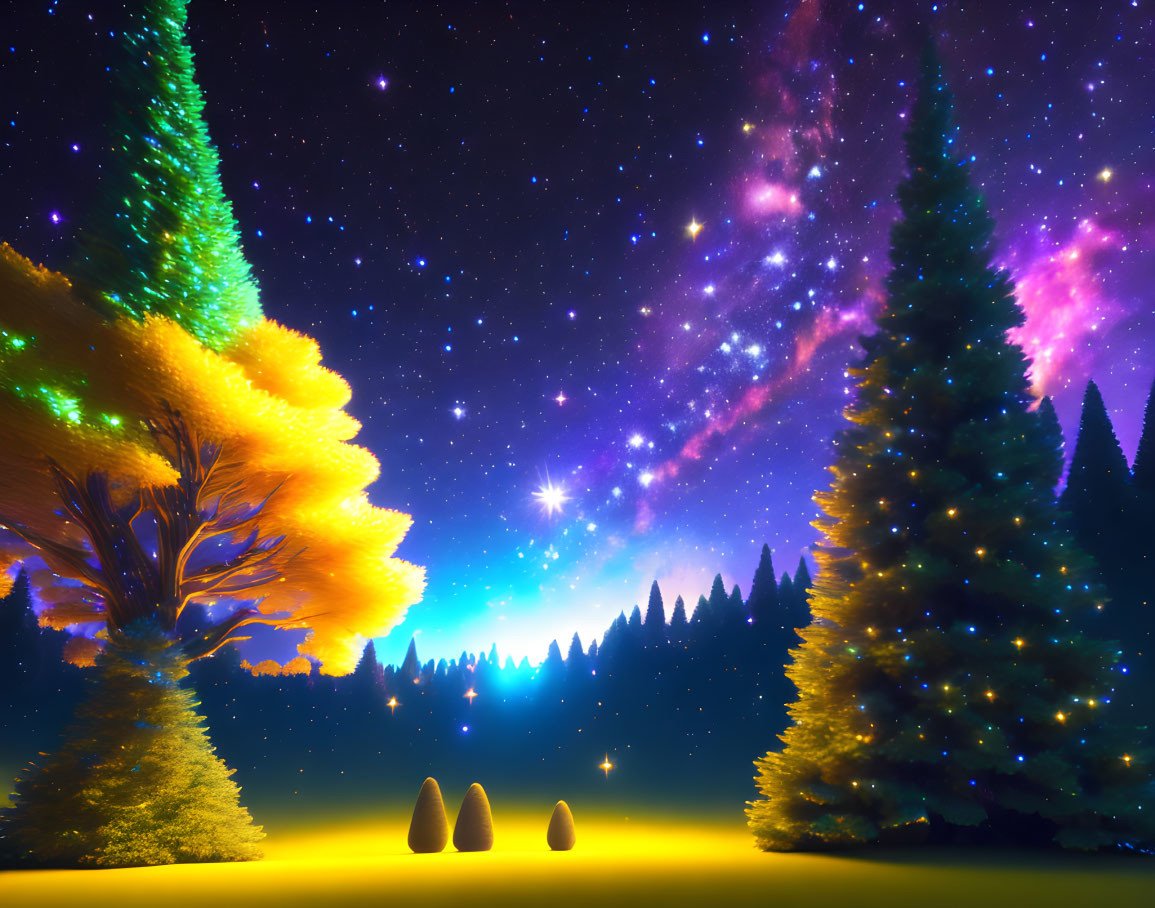 Colorful cosmic phenomena over enchanted forest in starry night