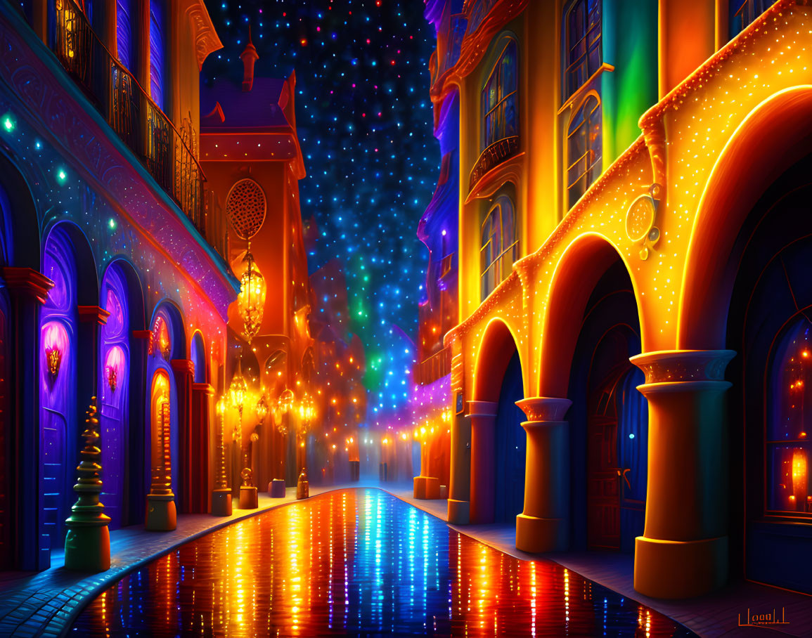 Colorful Night Street Scene with Illuminated Buildings and Lampposts