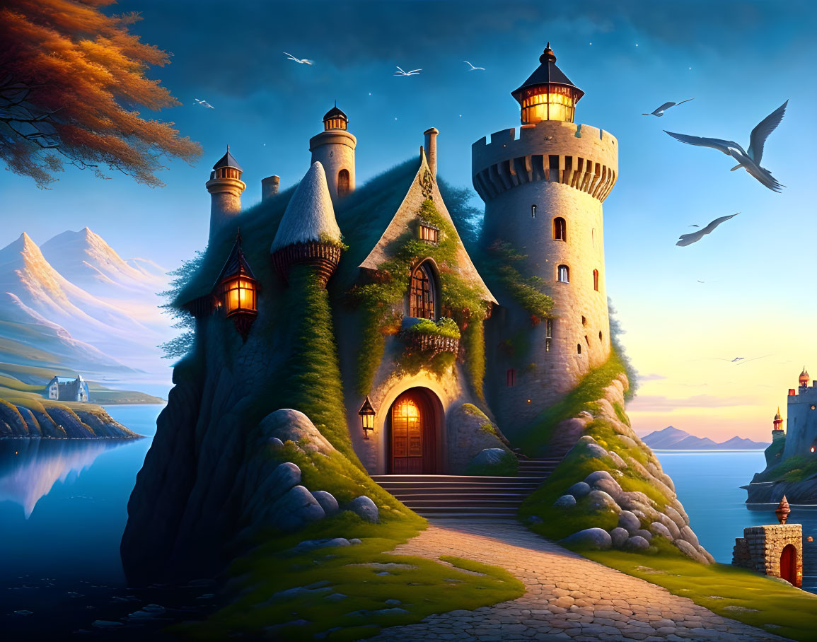 Castle on Cliff with Greenery, Birds, and Ocean at Dusk