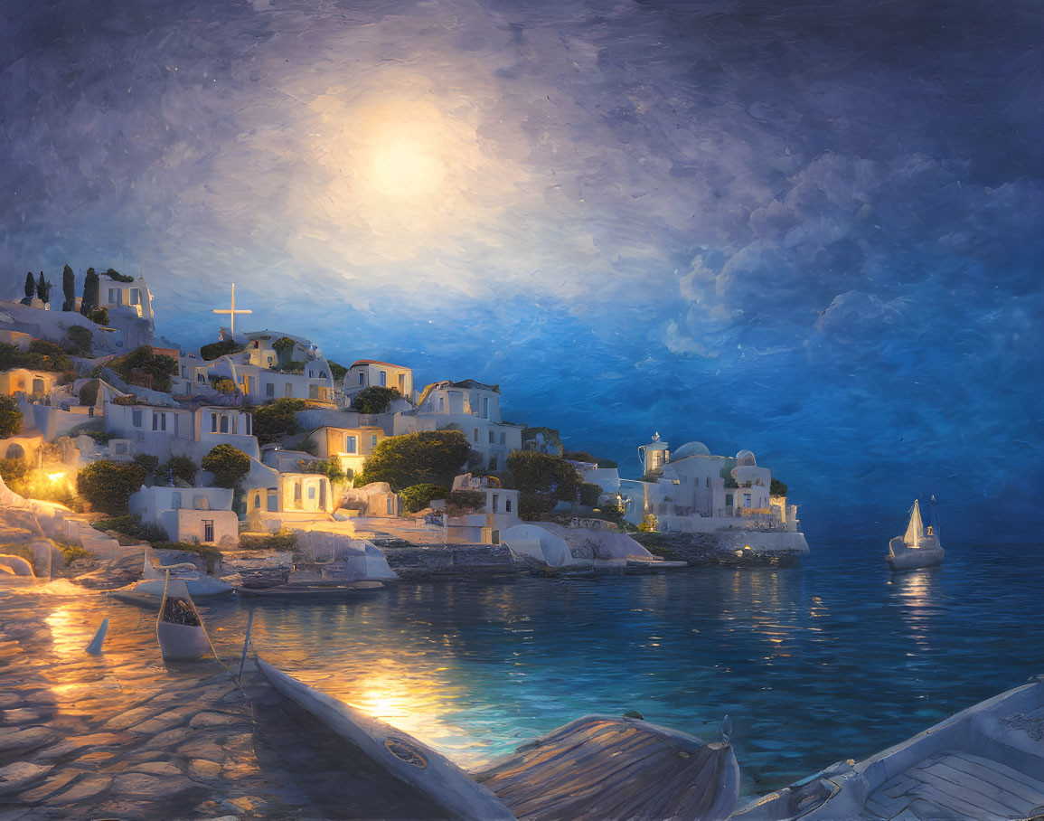 Moonlit Coastal Town with White Buildings and Boats on Water