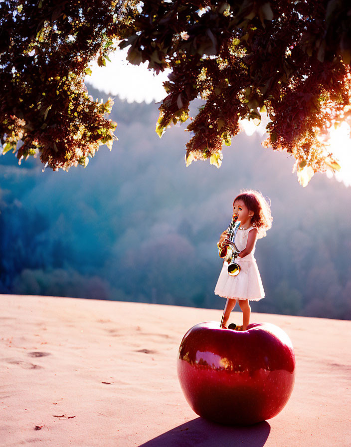 Child playing saxophone on giant red apple in serene forest