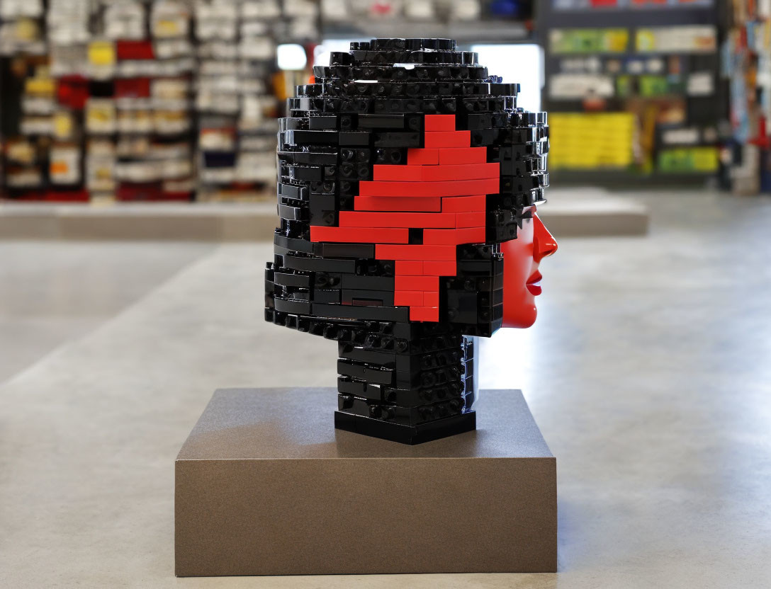 Three-dimensional Lego human head sculpture with pixelated red pattern on one side displayed in room with shelves.