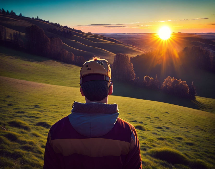 Person in cap watching beautiful sunset over rolling hills and tree shadows with warm sky hues