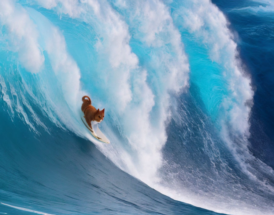 Surfer riding a large, curling blue wave in the ocean