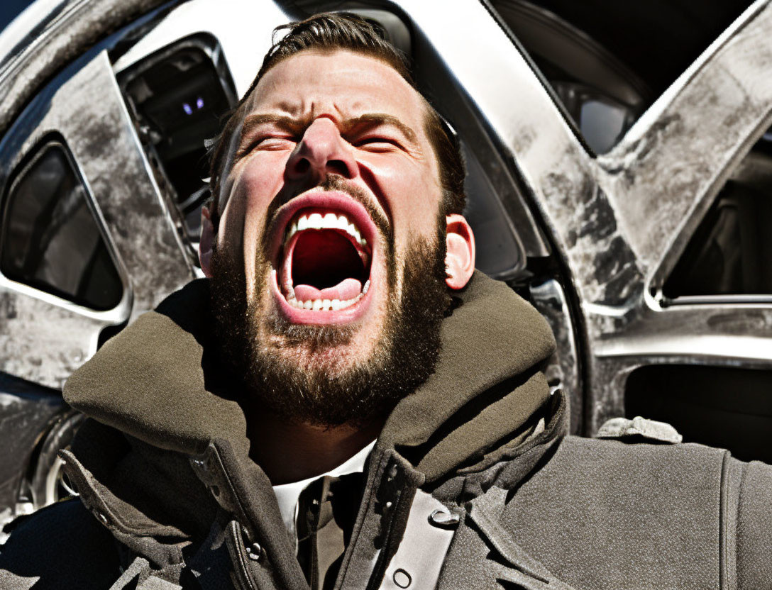 Bearded man shouting in distress near open car door