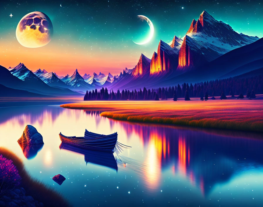 Surreal landscape with reflective lake, snowy mountains, two moons, boat, twilight glow