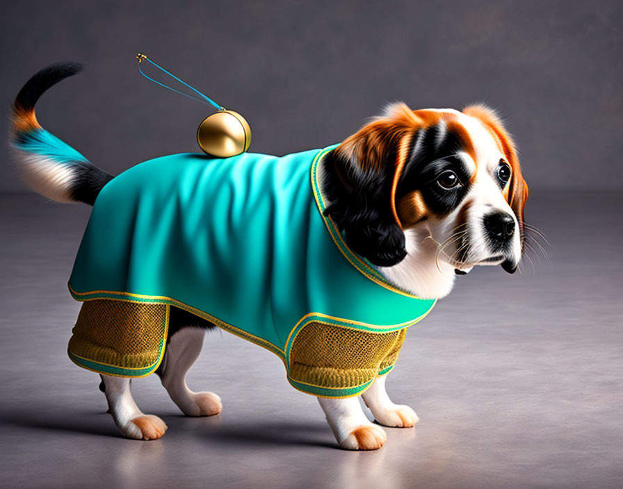 Stylized superhero dog with golden cape and cuffs in curious pose