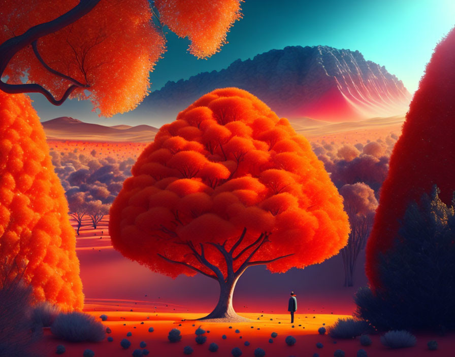 Person standing under vibrant orange trees in surreal landscape with red hills and mountain under red sky