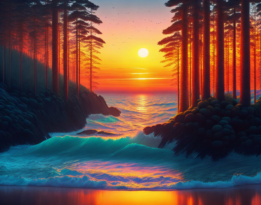 Scenic sunset over ocean with tree silhouettes and gentle waves