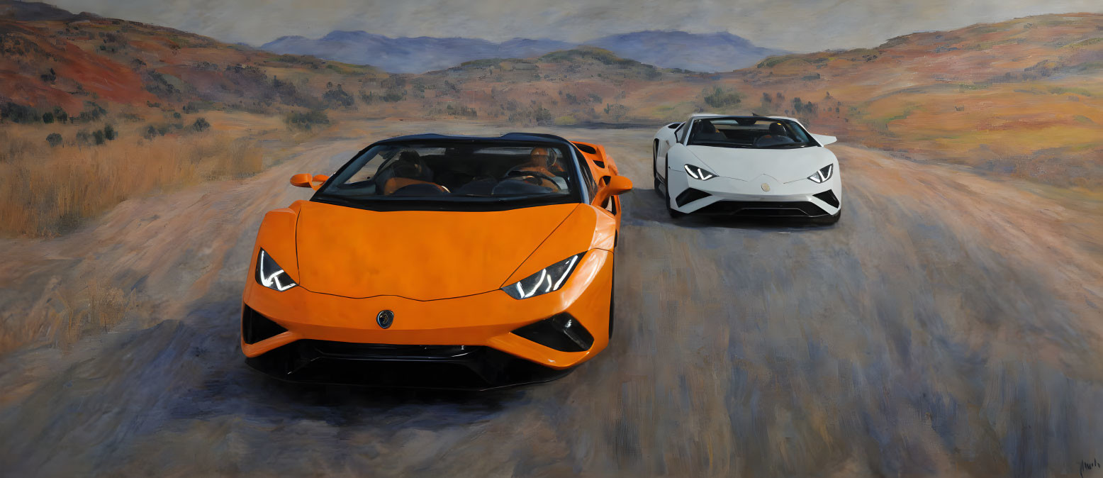 Two Lamborghini Sports Cars Parked on Rustic Road with Hilly Landscape