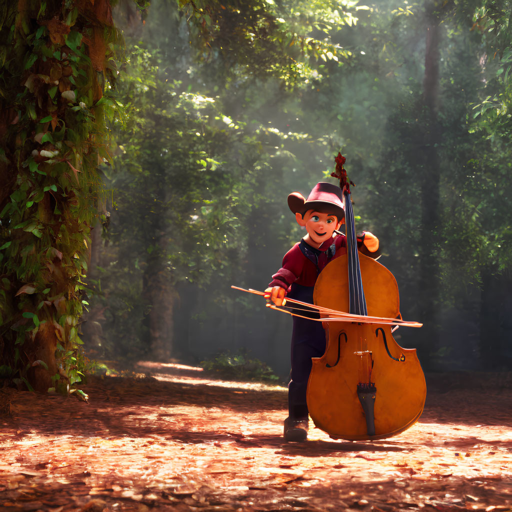 Red-hatted animated character plays cello in sunlit forest