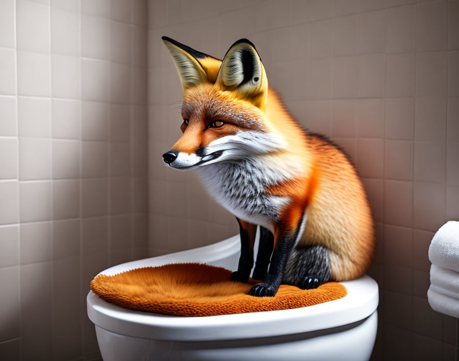 Fox sitting on closed toilet seat in bathroom with towel nearby