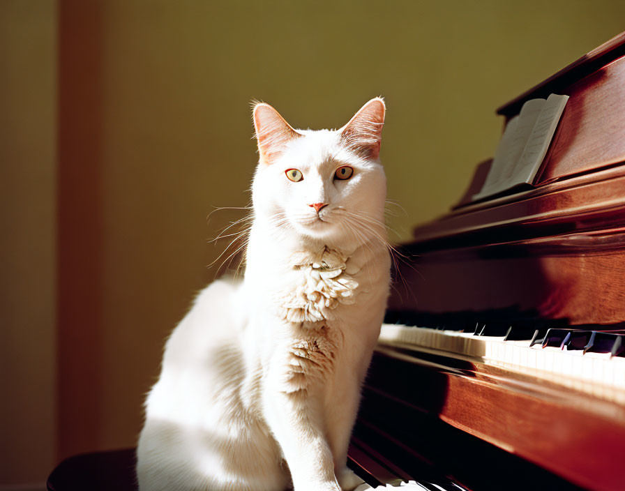 Striking-eyed white cat beside piano in warm sunlight