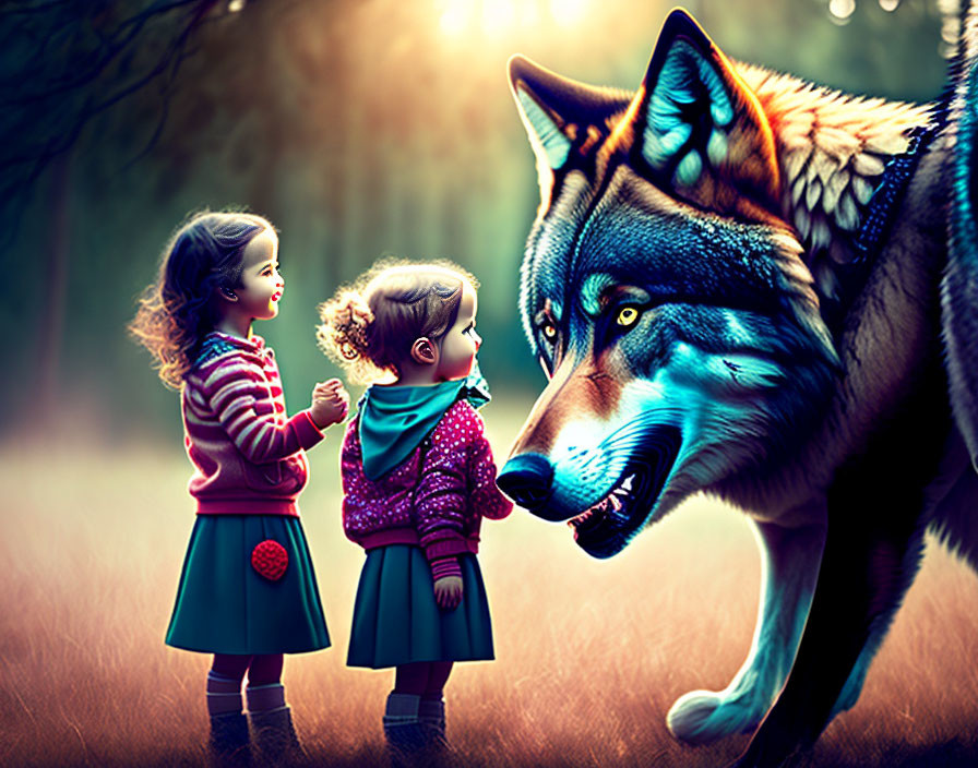 Young girls meet giant wolf in magical forest with ethereal lighting