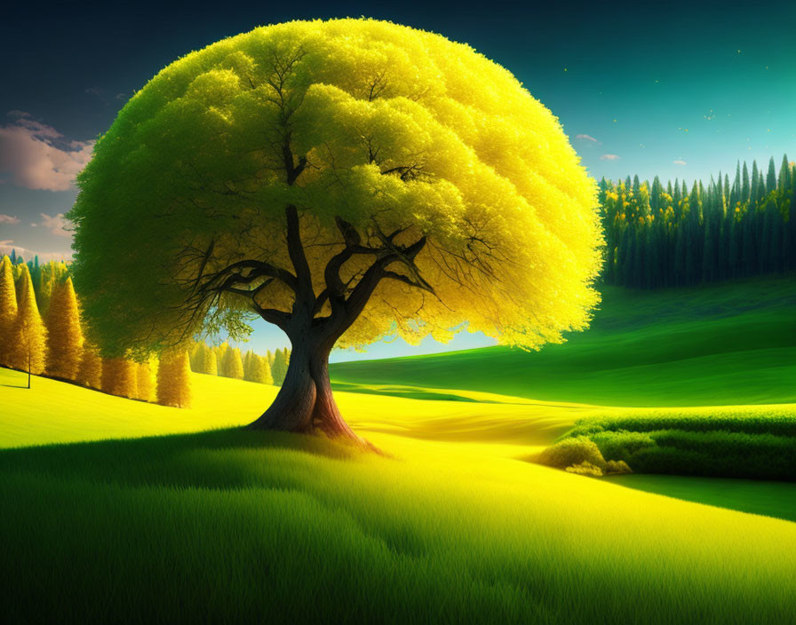 Vibrant yellow tree stands out in lush green hills landscape