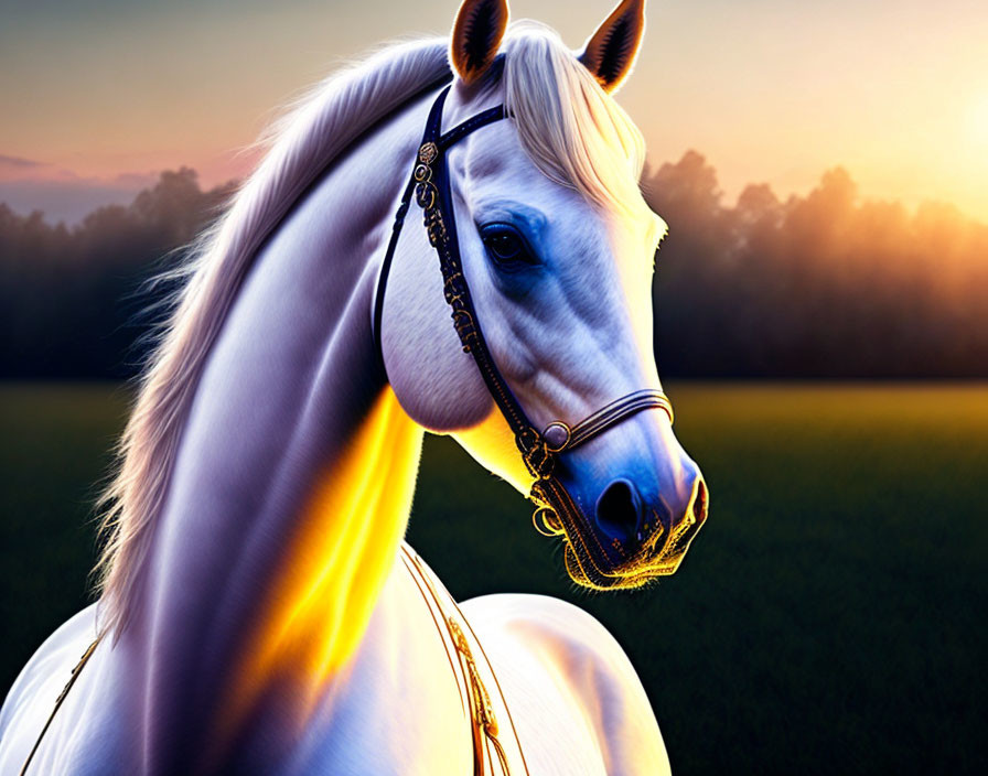 White Horse with Shimmering Mane in Profile Against Sunset Sky