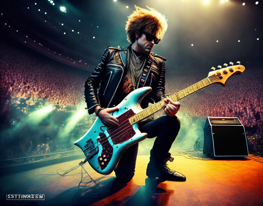 Musician with teased hair plays electric guitar onstage with crowd and lighting