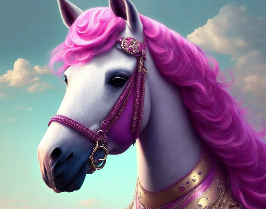 Digital image: Horse with pink mane and bridle on blue sky