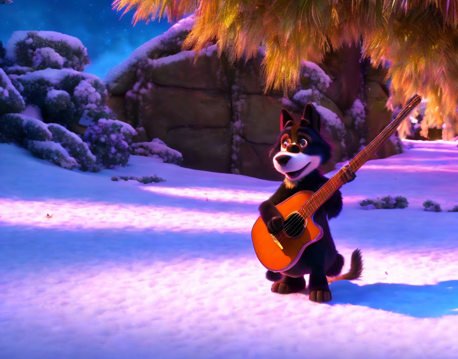 Animated raccoon with guitar in snowy twilight landscape