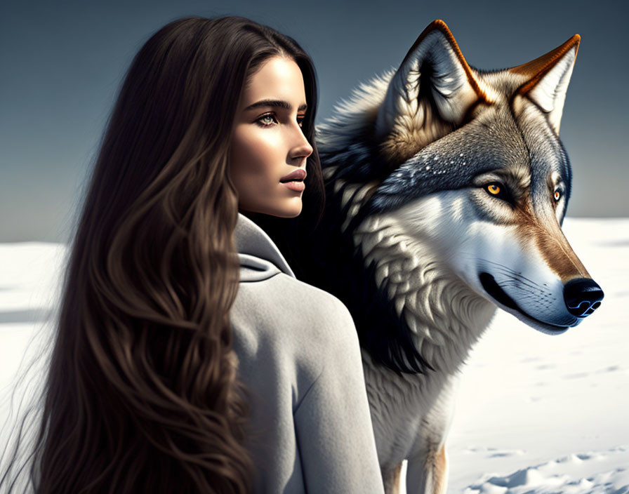 Digital artwork: Woman with long brown hair and wolf in snowy landscape