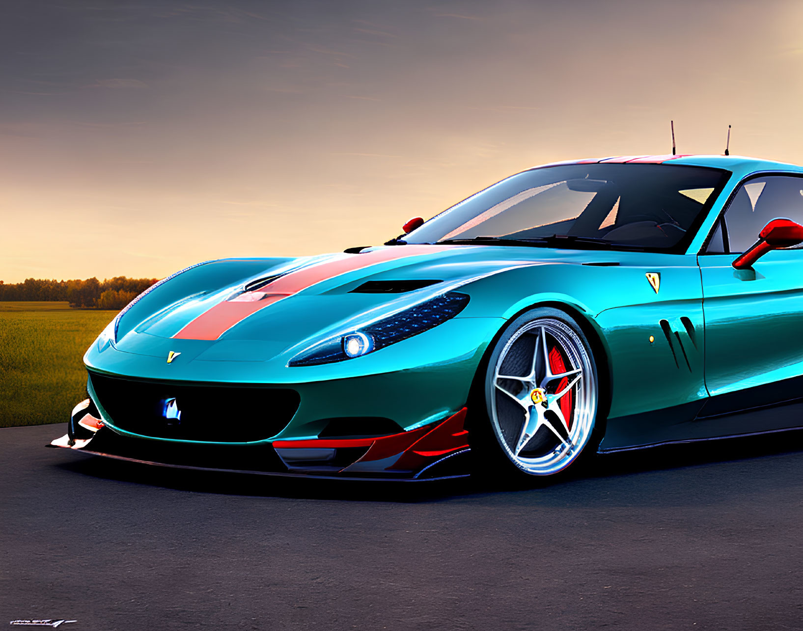 Blue Ferrari with Red and White Stripes on Asphalt Road at Sunset