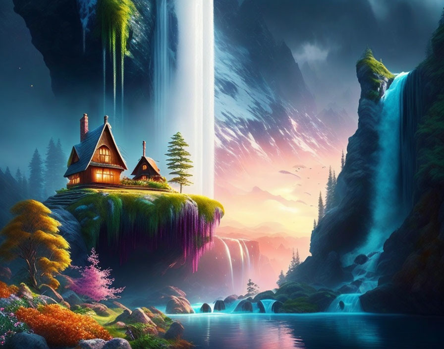 Fantasy landscape with house on cliff, waterfalls, sunset glow