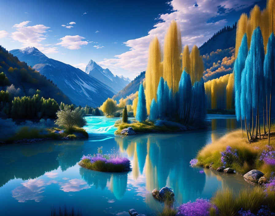 Tranquil landscape with blue river, colorful trees, mountains, and clear sky