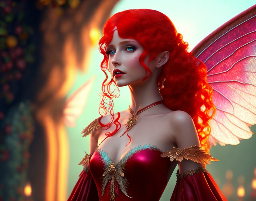 Fantasy character digital artwork: Bright red hair, delicate wings, red and gold outfit