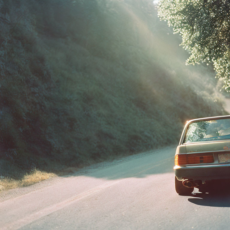 Vintage Car on Sunlit Forest Road with Peering Sun Rays