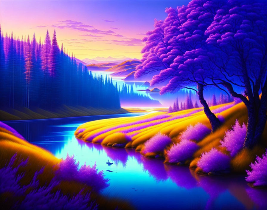 Colorful Landscape with Purple and Pink Trees, Blue River, Golden Fields, Mountains, and Sunset Sky