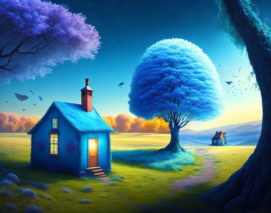 Vibrant blue trees in whimsical dusk landscape with cozy house and flying birds