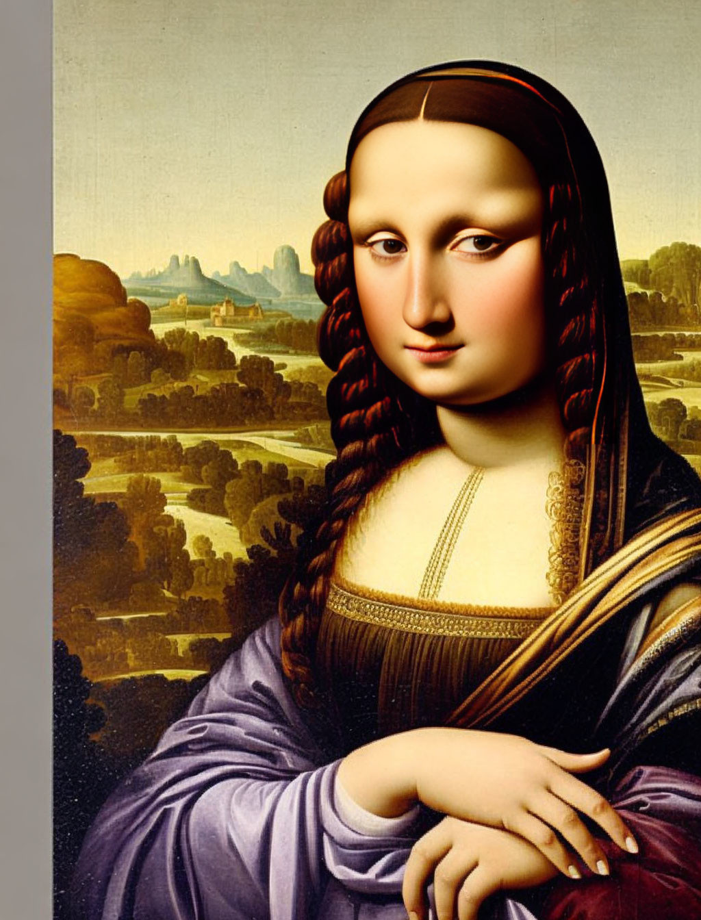 Digitally altered Mona Lisa with braided hair and modern expression.