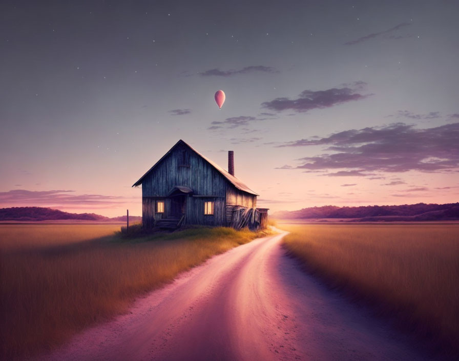 Old wooden house by dirt road with hot air balloon in twilight