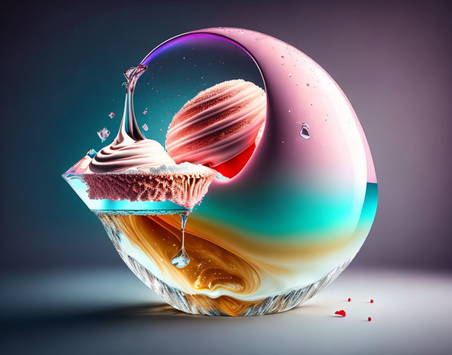 Colorful abstract art of spherical liquid structure with dessert-like layers