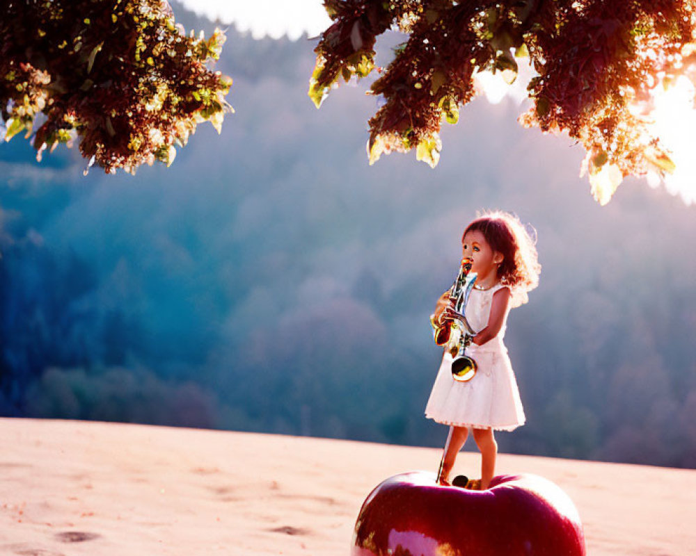 Child playing saxophone on giant red apple in serene forest