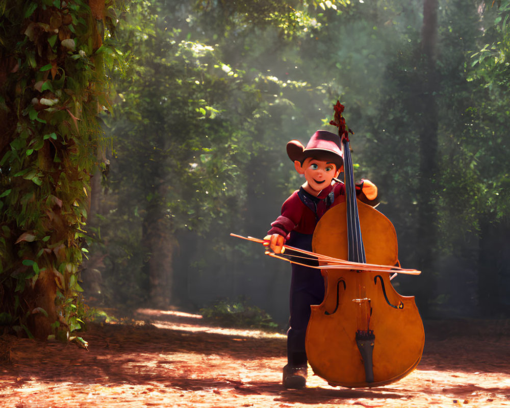 Red-hatted animated character plays cello in sunlit forest