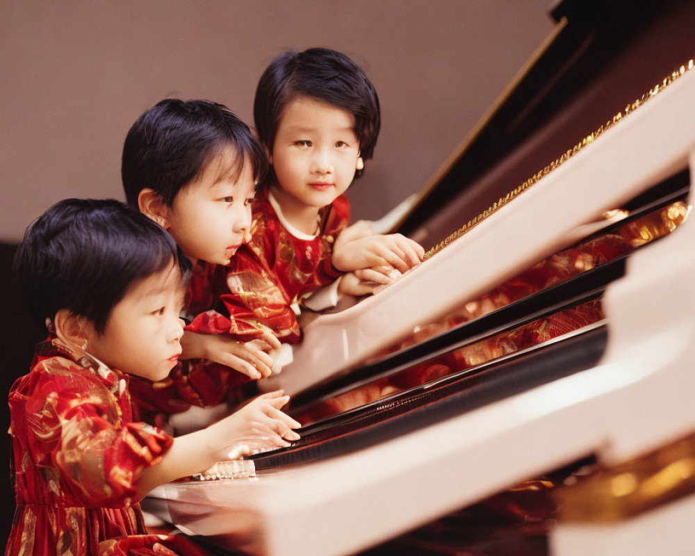 Children in Red Patterned Dresses Playing Grand Piano