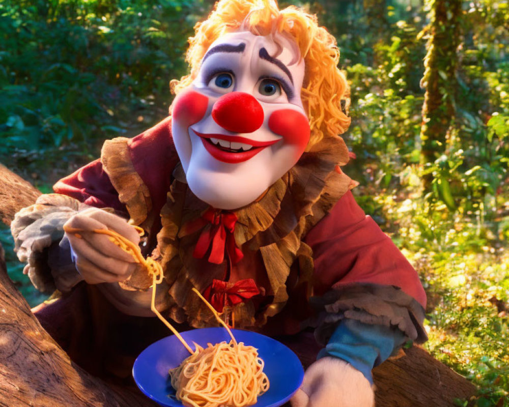 Curly-Haired Clown Eating Spaghetti in Forest Clearing