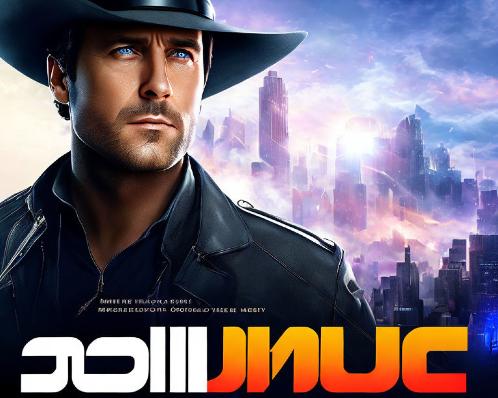 Cowboy Hat Man in Front of Futuristic Cityscape Poster Design