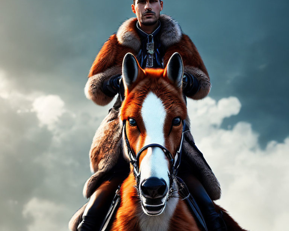 Man in fur-lined coat on horse under cloudy sky