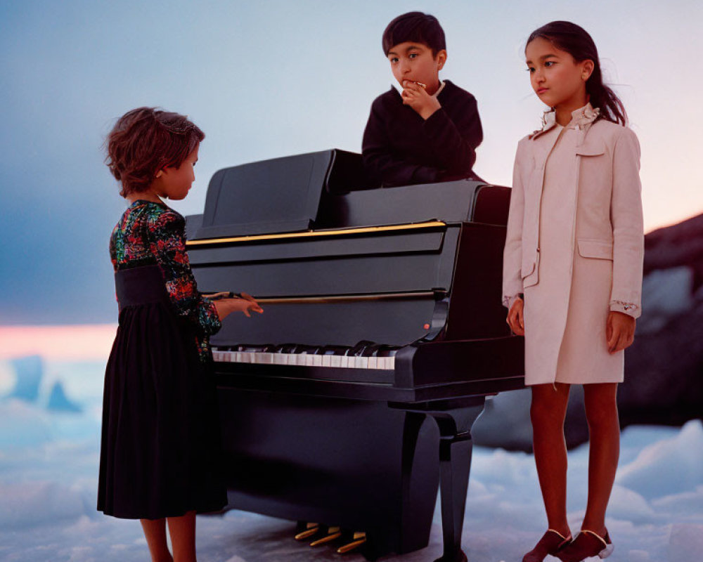 Children by piano in snowy landscape at twilight