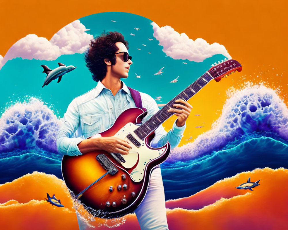 Curly Haired Man Playing Guitar in Vibrant Ocean Scene