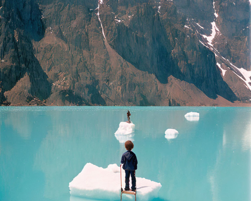 Person standing on small iceberg in turquoise glacial lake with mountains