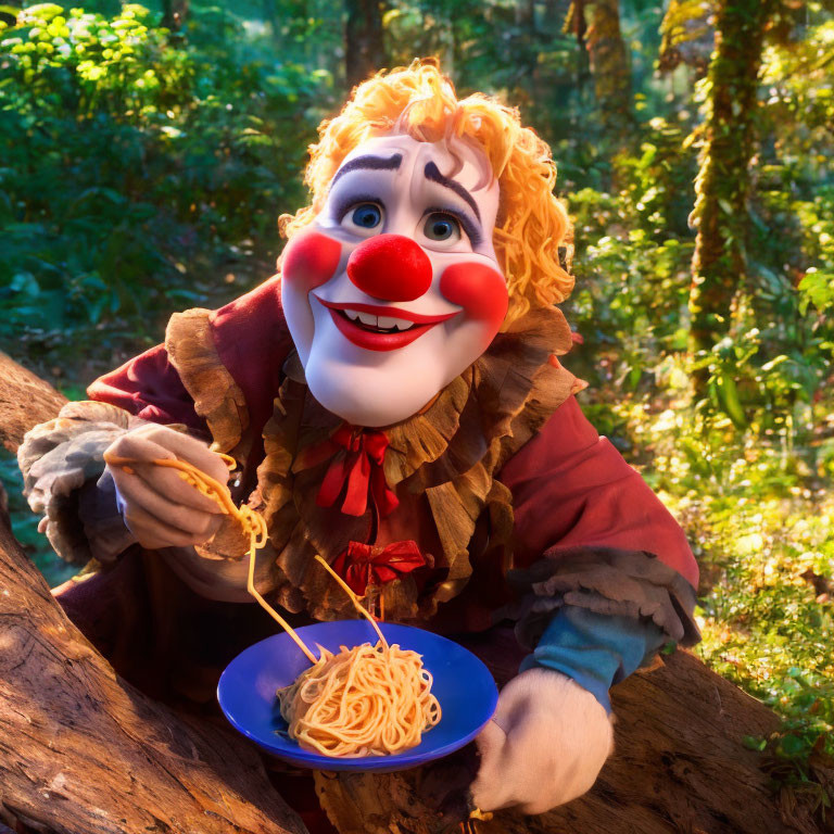 Curly-Haired Clown Eating Spaghetti in Forest Clearing