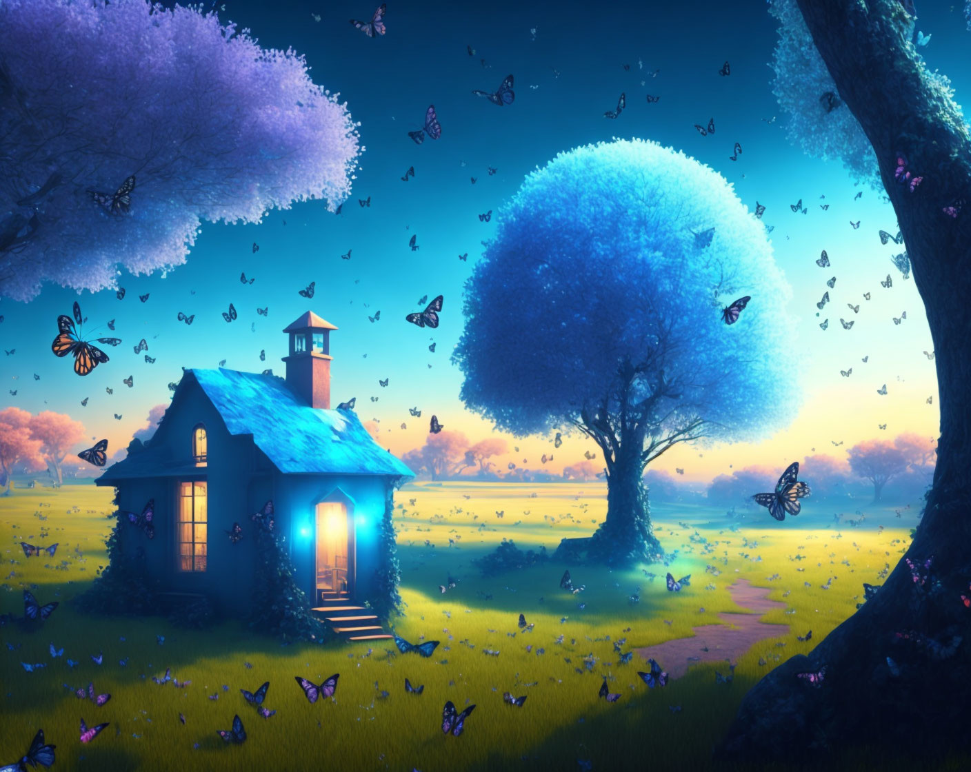 Whimsical small cottage illustration in surreal landscape at dusk