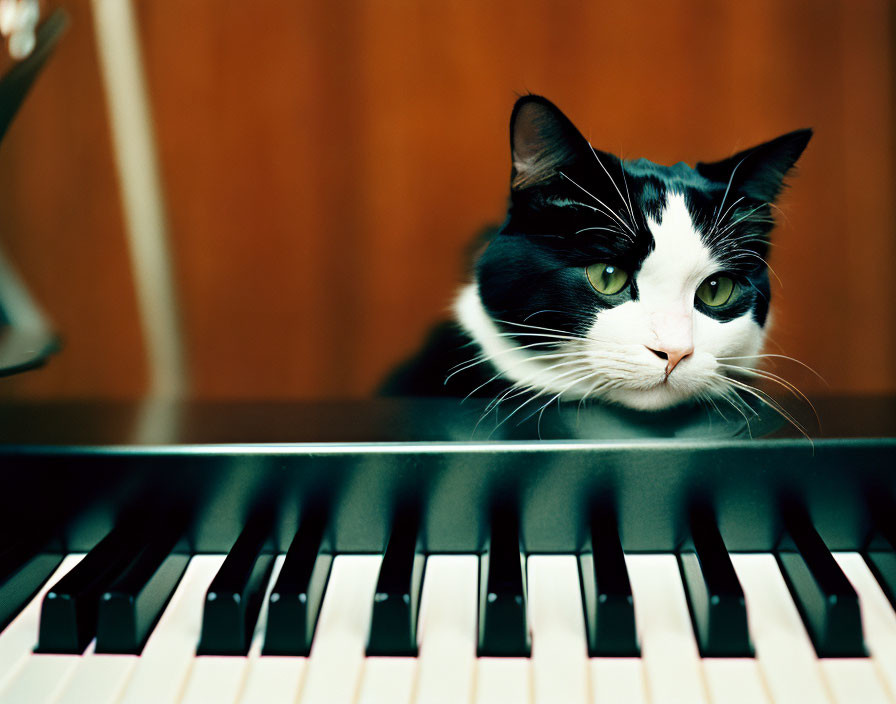 Black and white cat peeking from behind a piano keys