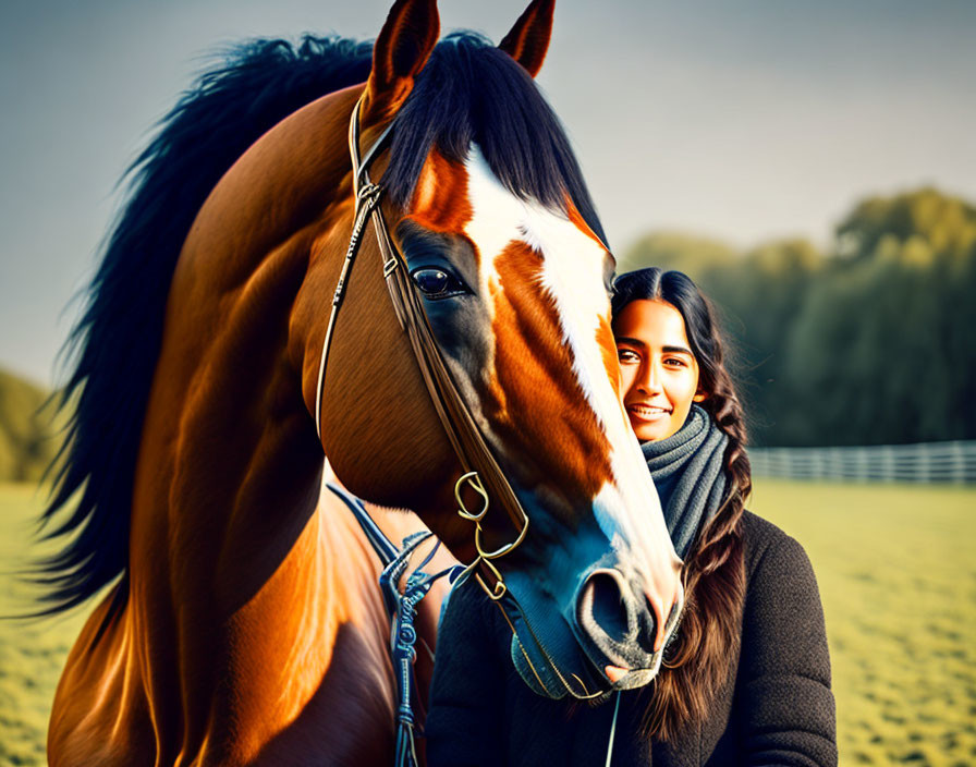 Smiling woman with dark hair next to content brown horse