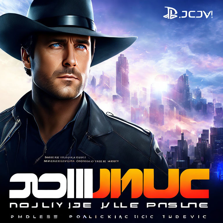 Cowboy Hat Man in Front of Futuristic Cityscape Poster Design