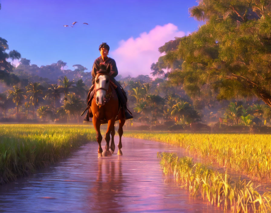 Horseback Rider in Shallow Waterway Among Golden Rice Fields