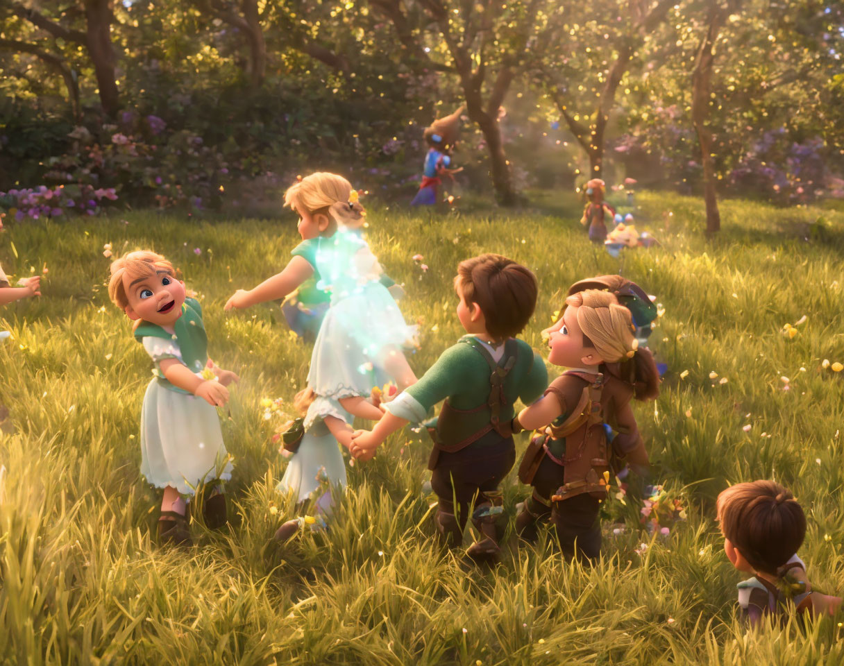 Children playing ring-around-the-rosie in sunlit forest clearing